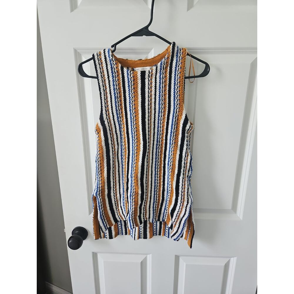 Zara Knit‎ Womens Small Striped Sleeveless Sweater Vest Mustard Blue Fall Boho